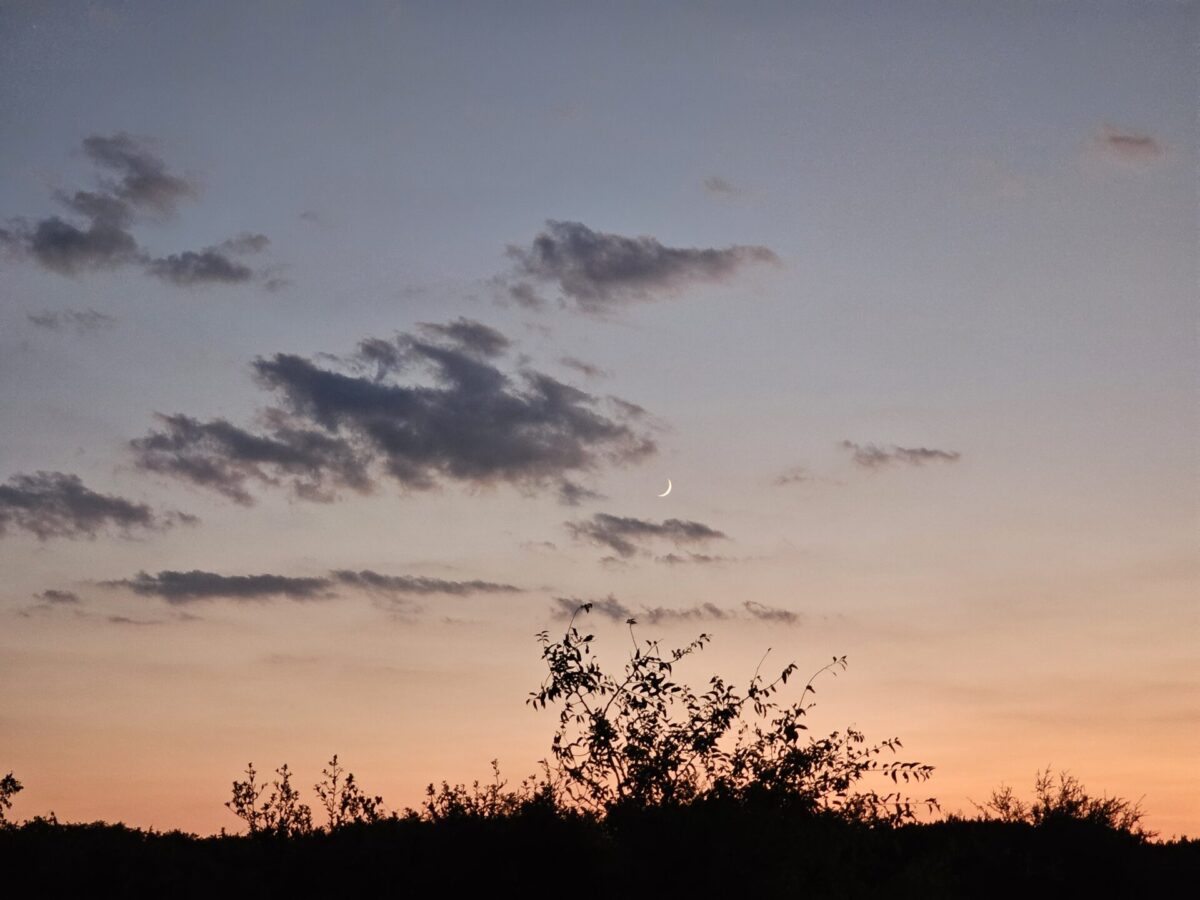 a view of the crescent moon at sunset